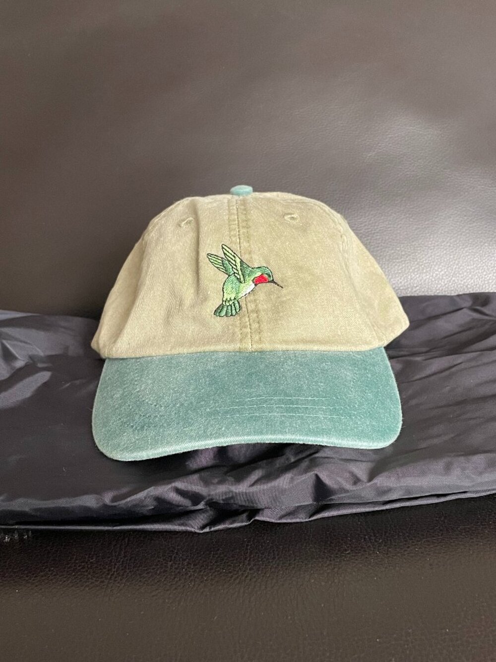 Tan Teal Hummingbird Cap - Adjustable Buckle Hat